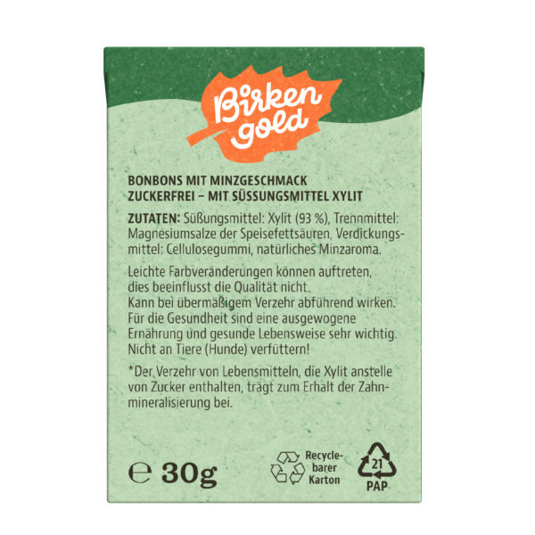 Birkengold Bonbons Minze 30 g Verpackung Rückseite mit Zutaten