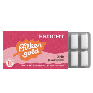 Birkengold Xylit Zahnpflege Kaugummi Frucht 12 Stück im Blister Vorderseite