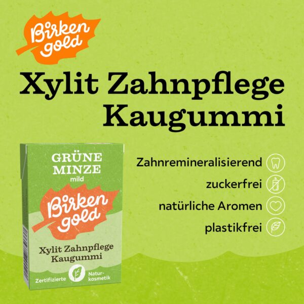 Birkengold Kaugummi Grüne Minze Mild 20 Stück plastikfrei Infografik