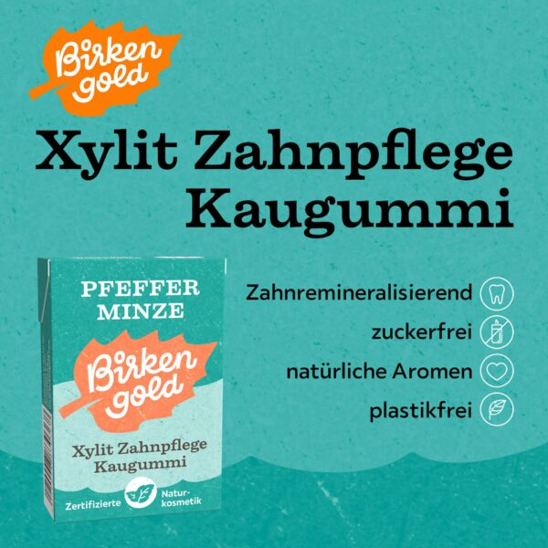 Birkengold Kaugummi Pfefferminze 20 Stück plastikfrei Infografik