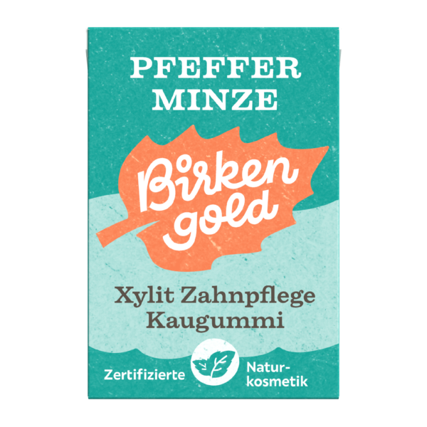 Birkengold Kaugummi Pfefferminze 20 Stück plastikfrei Verpackung Vorderseite