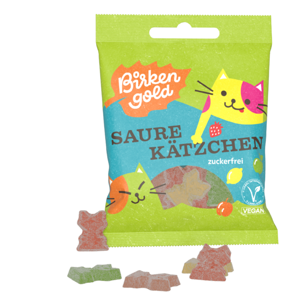 Birkengold Fruchtgummi Saure Kätzchen mit Erythrit und einzelnen Kätzchen