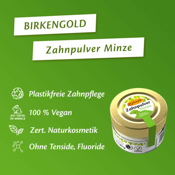 Birkengold Zahnpulver Minze im 30 g Glas Infografik