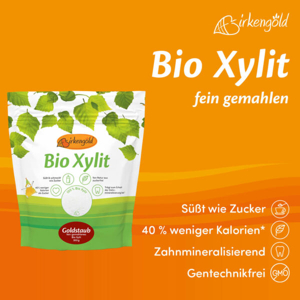 Birkengold Bio Xylit fein gemahlen Goldstaub 350 g Infografik