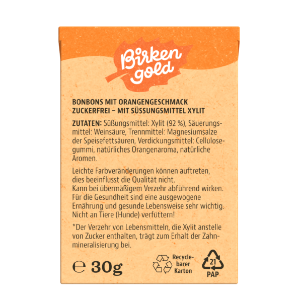 Birkengold Bonbons Orange 30g Rückseite