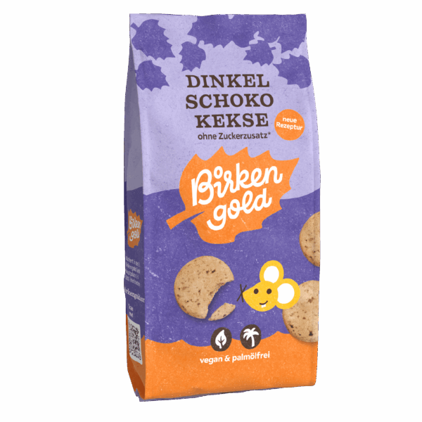 Packung Dinkel-Schokokekse von Birkengold, vegan und palmölfrei, ohne Zuckerzusatz, lila-orange Design.